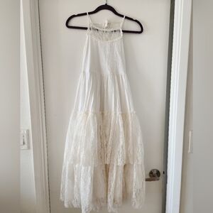 Girls Kids Lace Back Full-Length Backless Tulle Party Dress